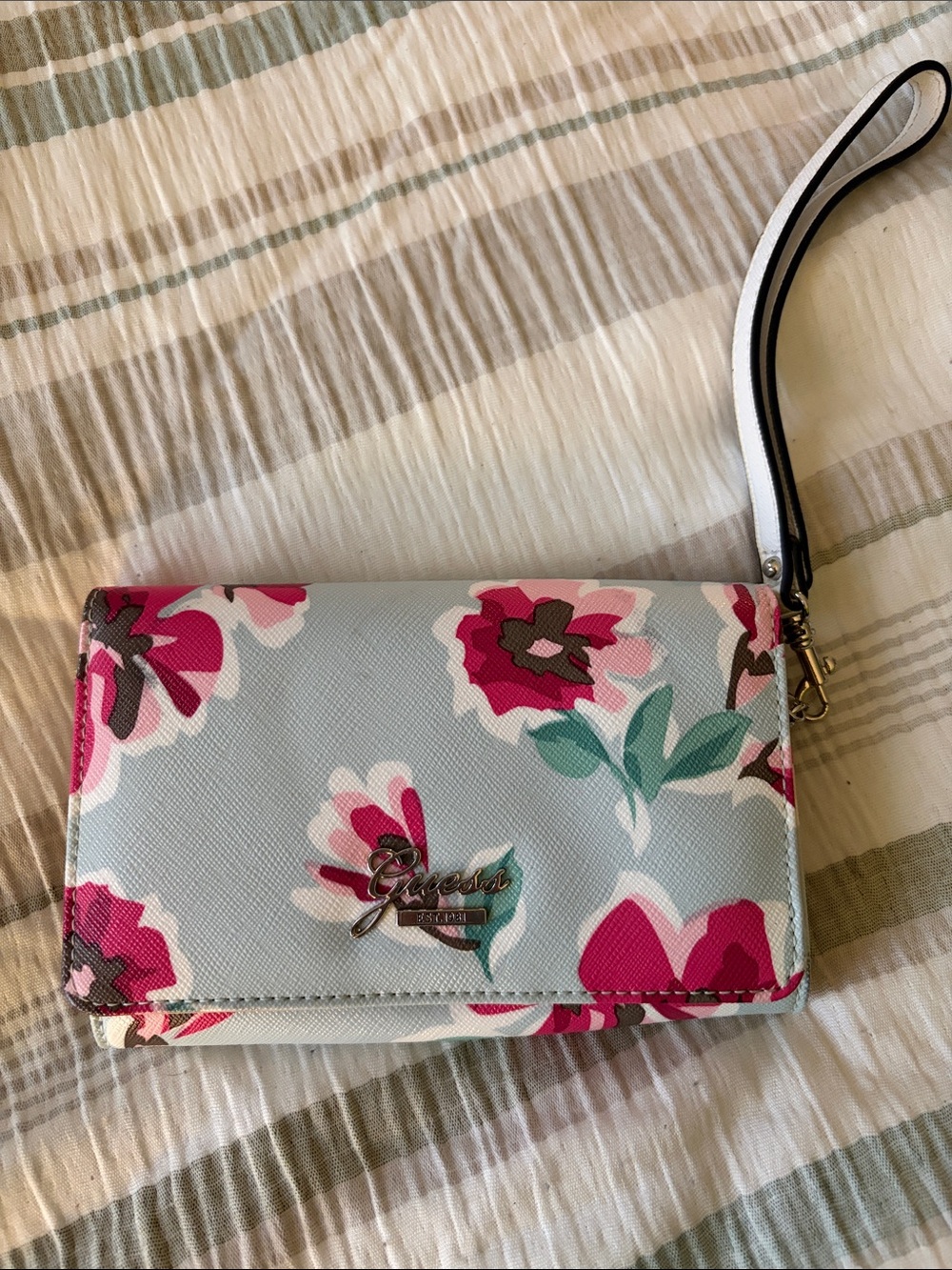 Guess Floral Wristlet - Light Blue, Pink & Green